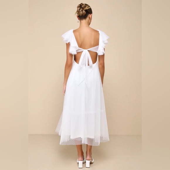 Lulus Perfect Invite White Swiss Dot Tie-Back Midi Dress - Picture 2 of 3